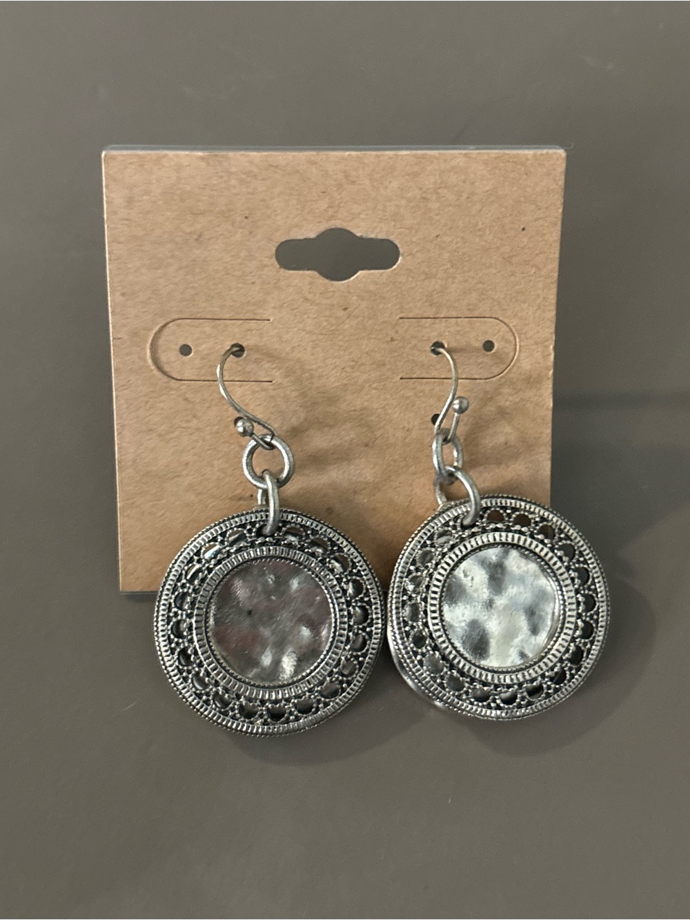 Bohemian Circular Disc Drop Earrings Silver Tone Hammered Filigree Boho Dangle
